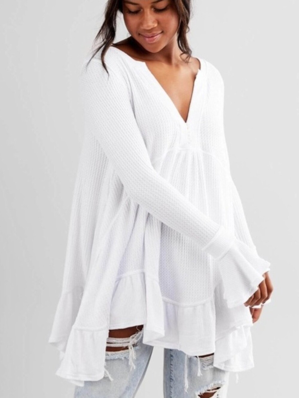 Free People White Waffle Knit Henley Tunic
